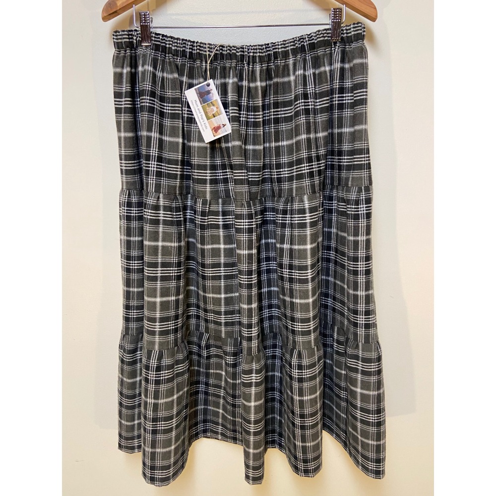 Womens Flannel Mom and Pop's Kids Maxi Skirt Large Gray Plaid Tiered Cotton